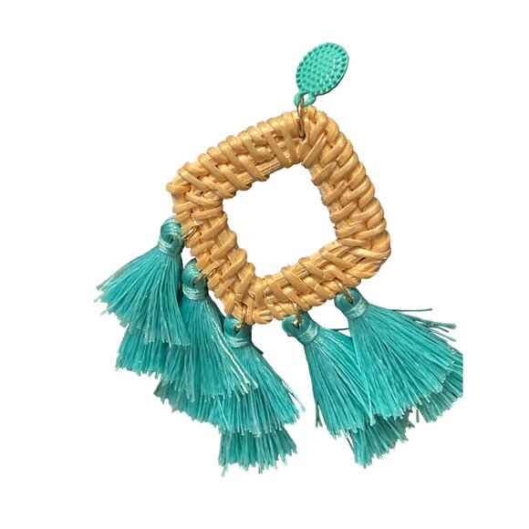 Handwoven Rattan & Teal Tassel Statement Earrings - Picture 3 of 4
